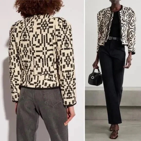 Isabel Marant Deliona Printed Black/White Cotton Weave Pattern Jacket 42 10 L - Picture 3 of 9